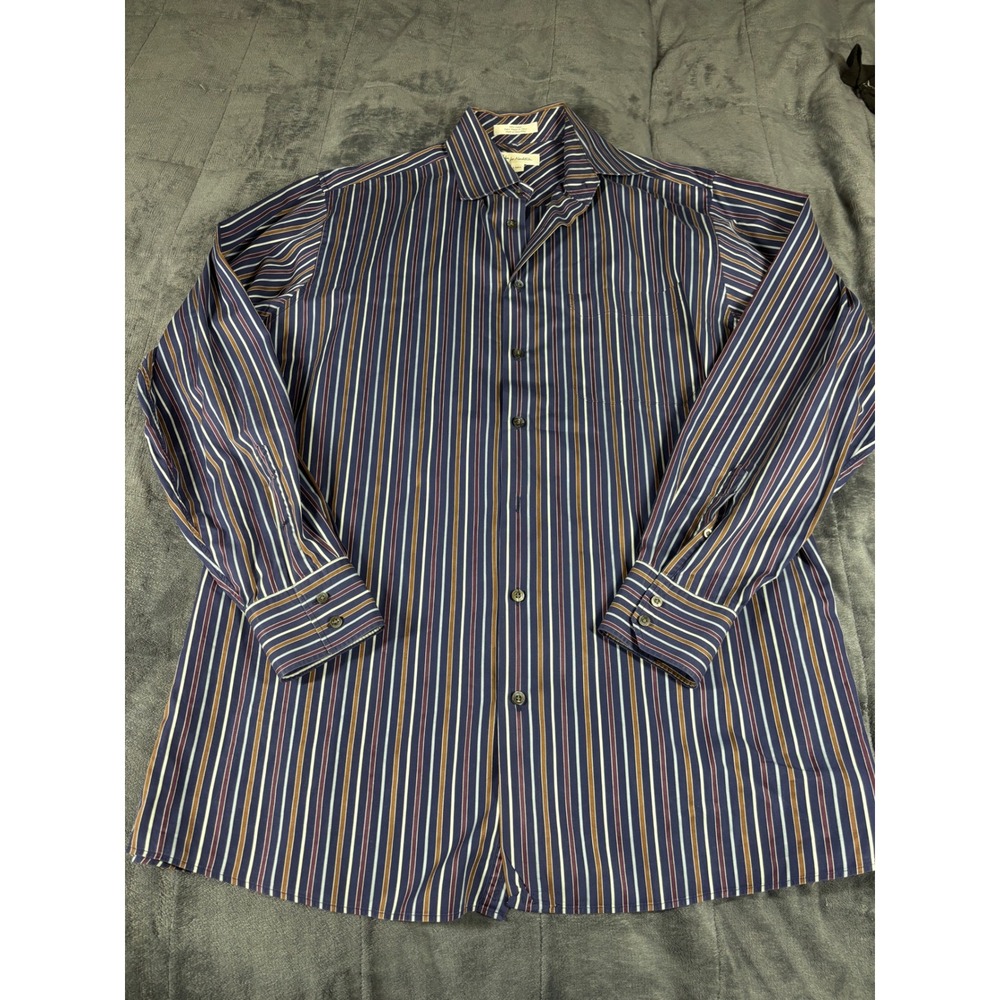 John W. Nordstrom Mens Large Tall Striped Button Down Shirt Italian Fabric Navy